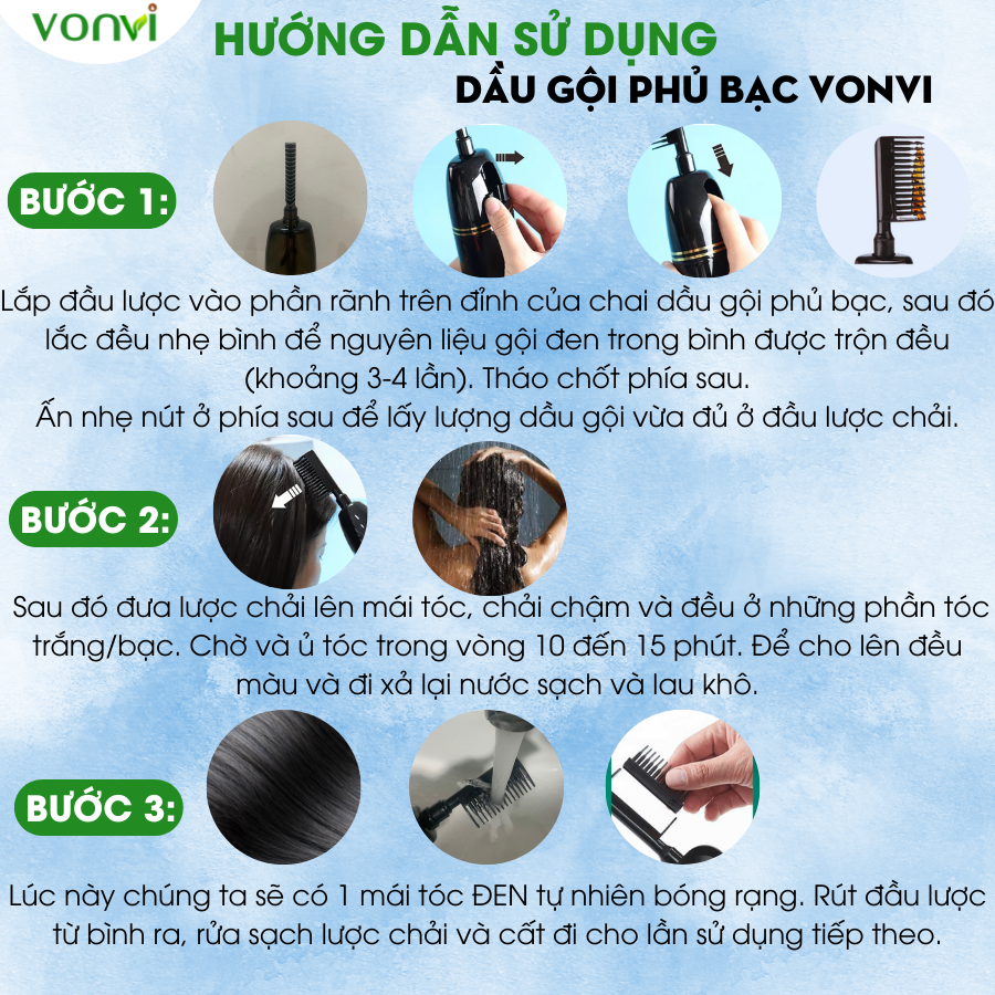 Lược nhuộm tóc thông minh đen tóc VONVI làm tóc đen sau 5 phút thế hệ mới 1 nút ấn chai 200 ml