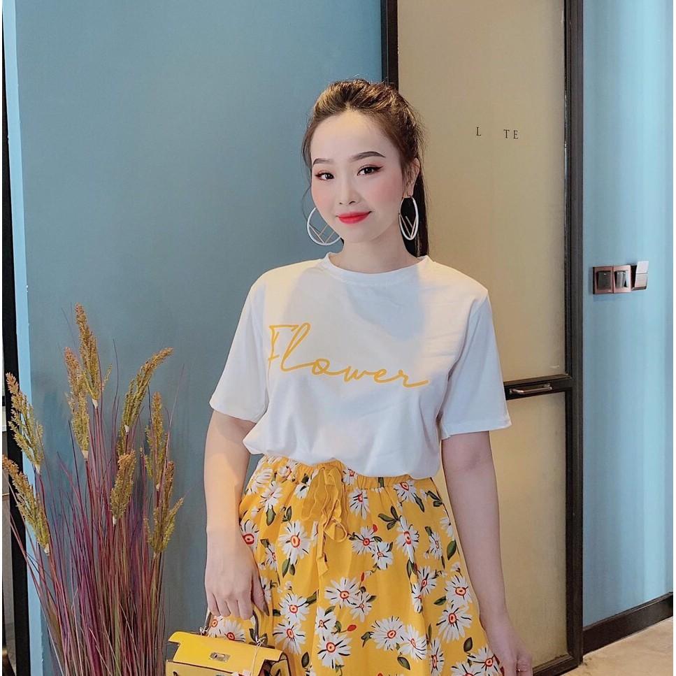 Áo Thun Nữ Cổ Tròn Màu Trắng In Chữ Flower ATN6013