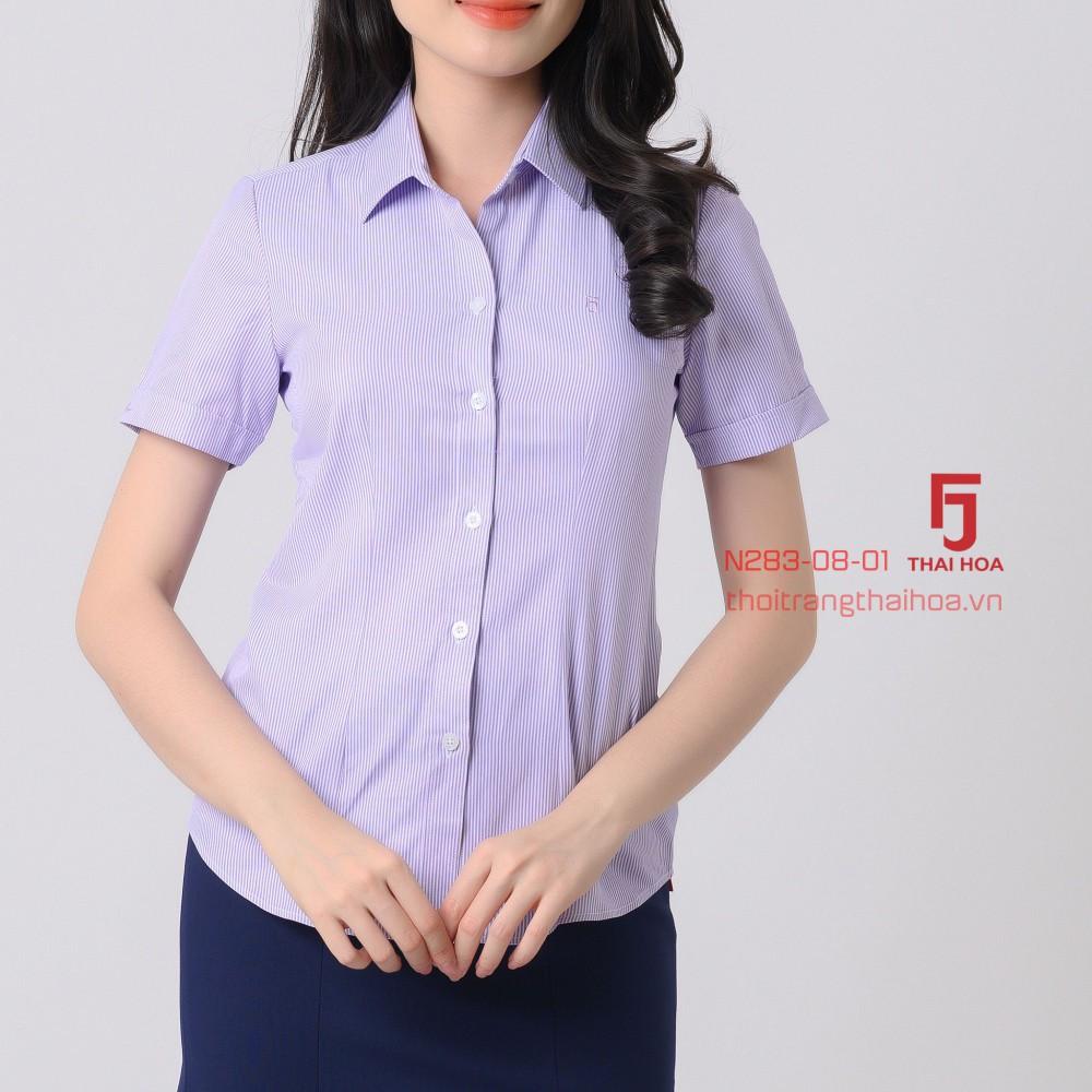 Áo sơ mi sọc thẳng ngắn tay Thái Hòa N823, sơ mi công sở nữ from đẹp kiểu dáng Basic
