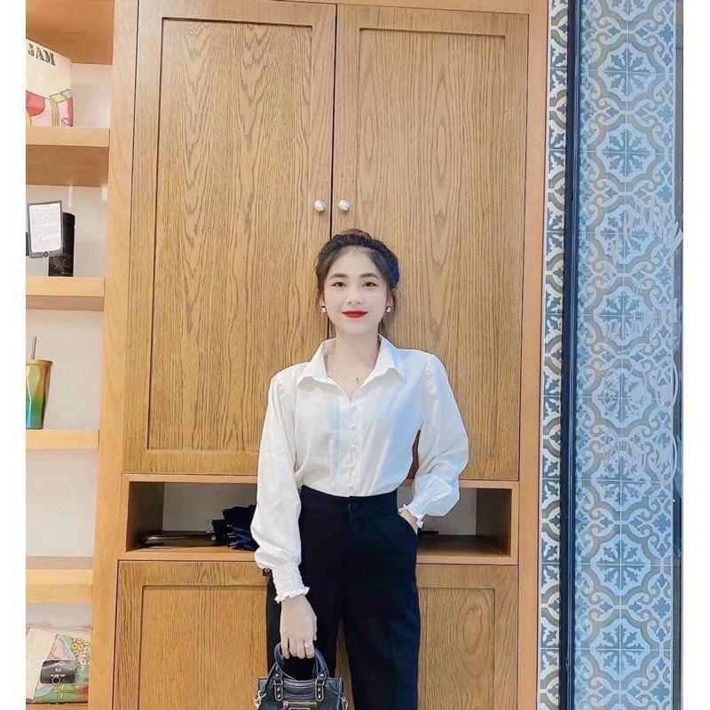 Áo sơ mi nữ trắng đi học tay dài bo nhúm cổ bẻ basic form rộng vừa - Sơ mi đi học sinh nữ trắng tay dài
