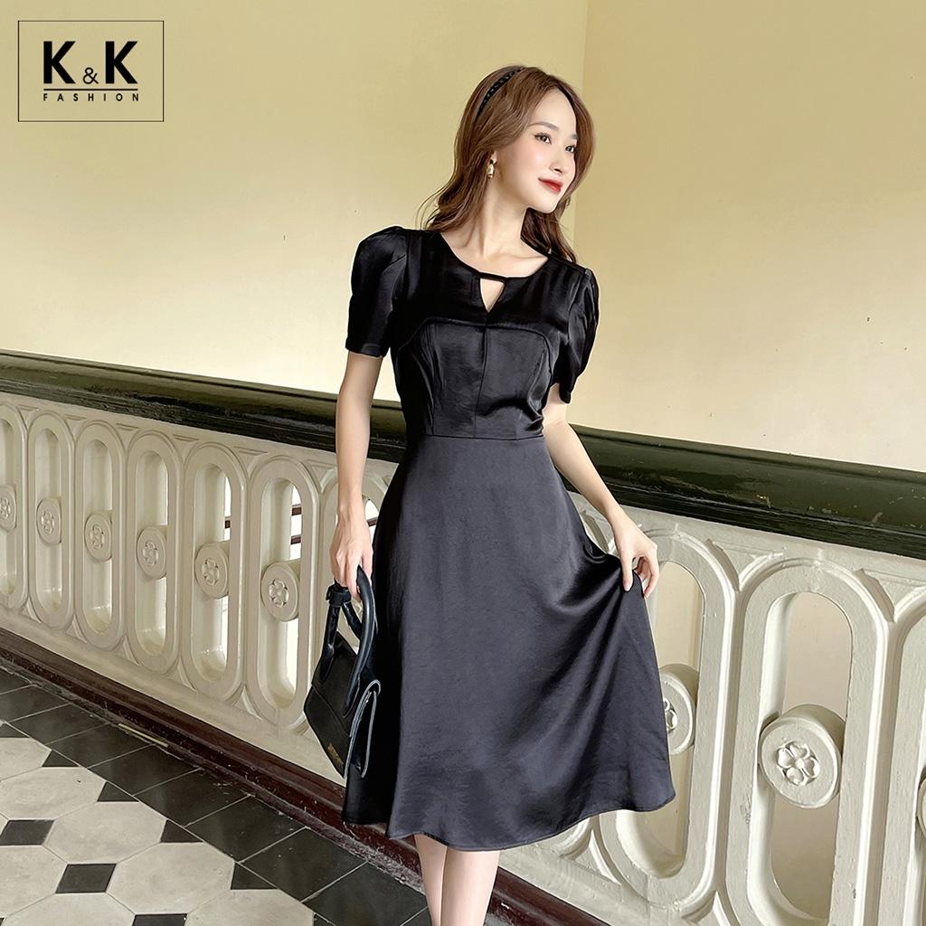 Đầm Đen Cổ Xòe Cổ Cut Out K&amp;K Fashion KK120-12 Chất Liệu Lụa Satin