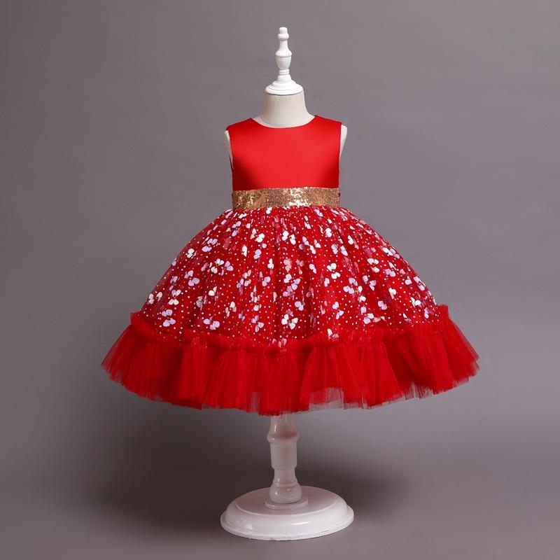 Đầm voan công chúa cho bé gái màu hồng đỏ mặc tết noel dự tiệc cưới hàng Quảng Châu cao cấp