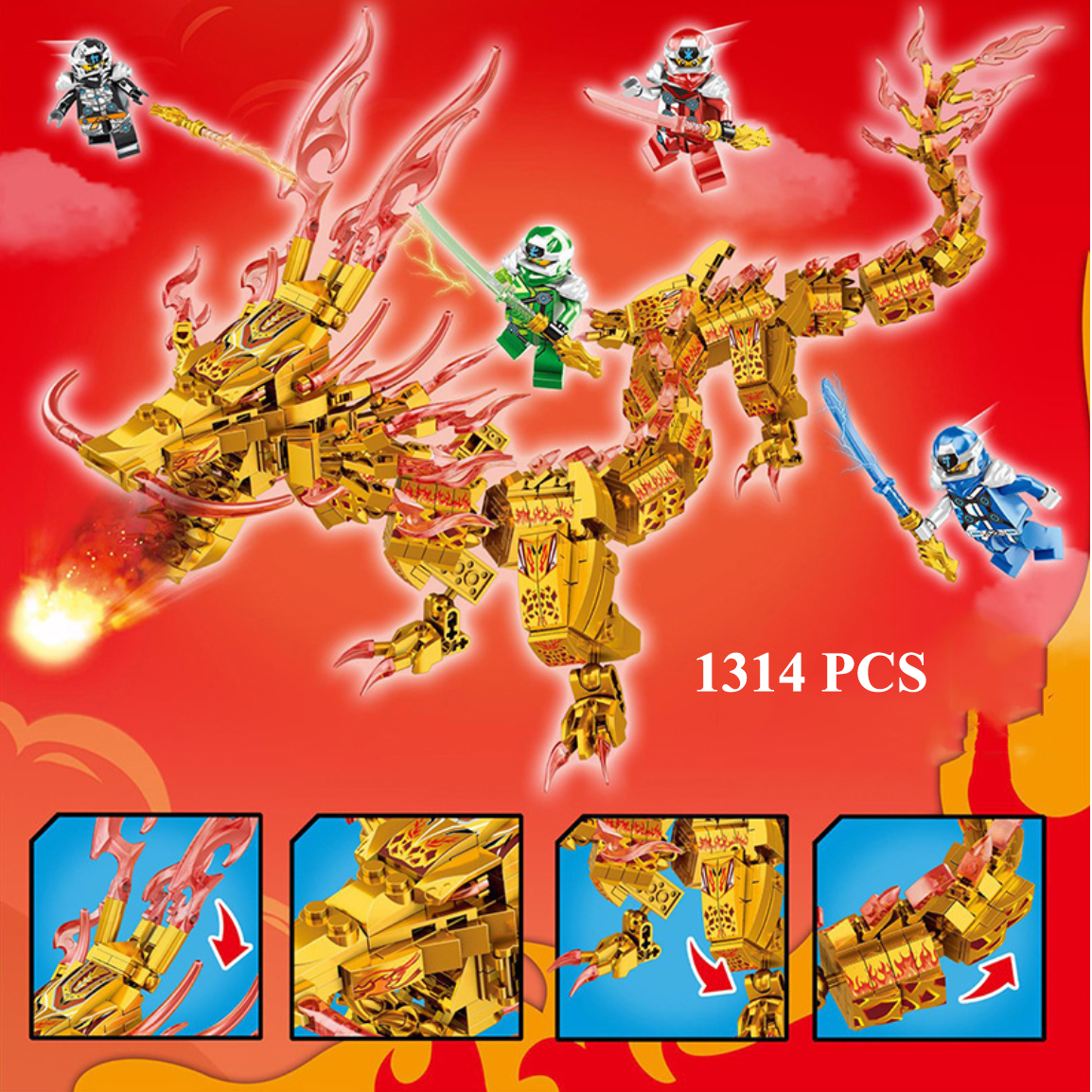 [1314 Chi Tiết] Bộ Đồ Chơi Xếp Hình Lắp Ghép Ninja Rồng Cho Bé, Lắp Ráp Dragon