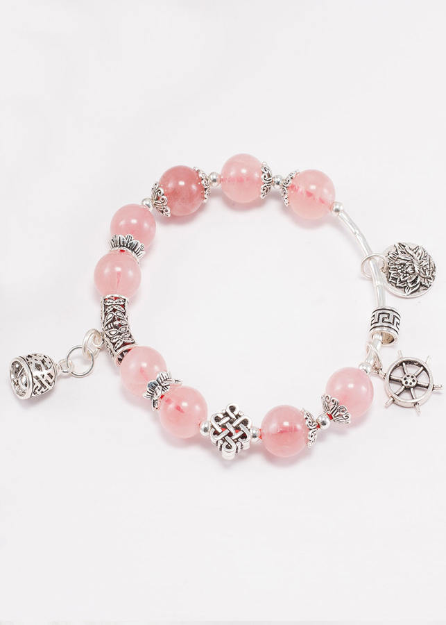 Vòng tay thạch anh hồng phối charm chuông bạc  Ngọc Quý Gemstones