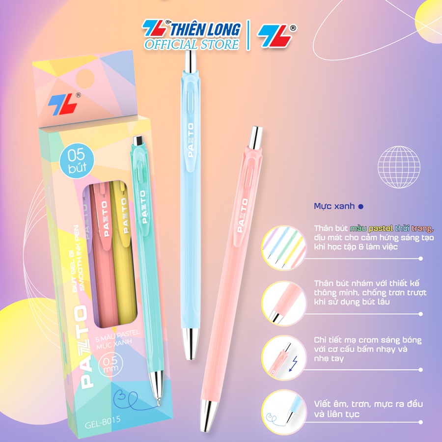 Hộp 5 Bút gel bi màu Pastel Thiên Long Pazto GEL-B015 nét 0.5mm - Mực xanh Viết trơn êm mực dầu