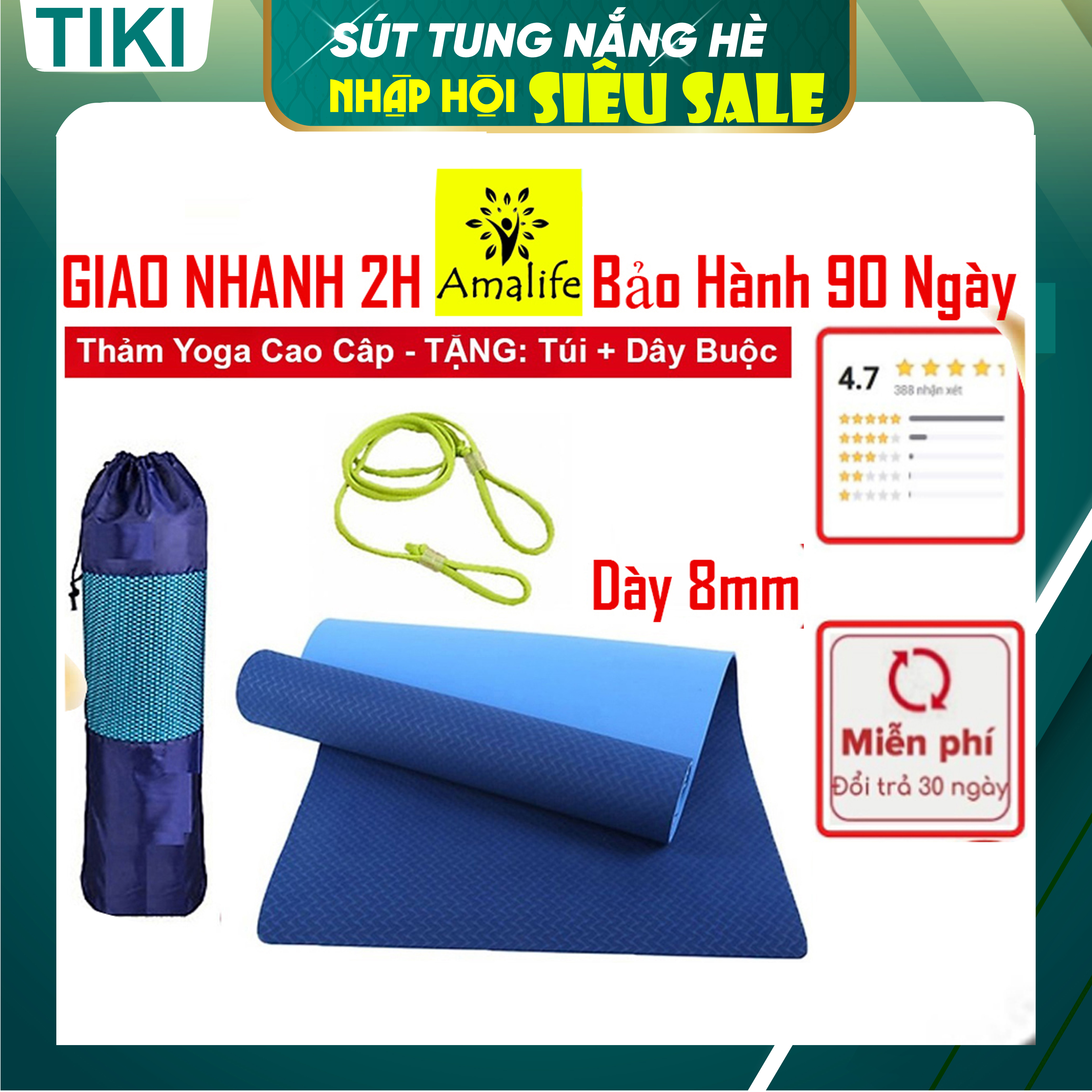 Thảm Tập Yoga, Gym Amalife 2 Lớp + Túi Đựng Thảm Tập Yoga + Dây Buộc Thảm Tập Yoga (Giao Màu Ngẫu Nhiên)