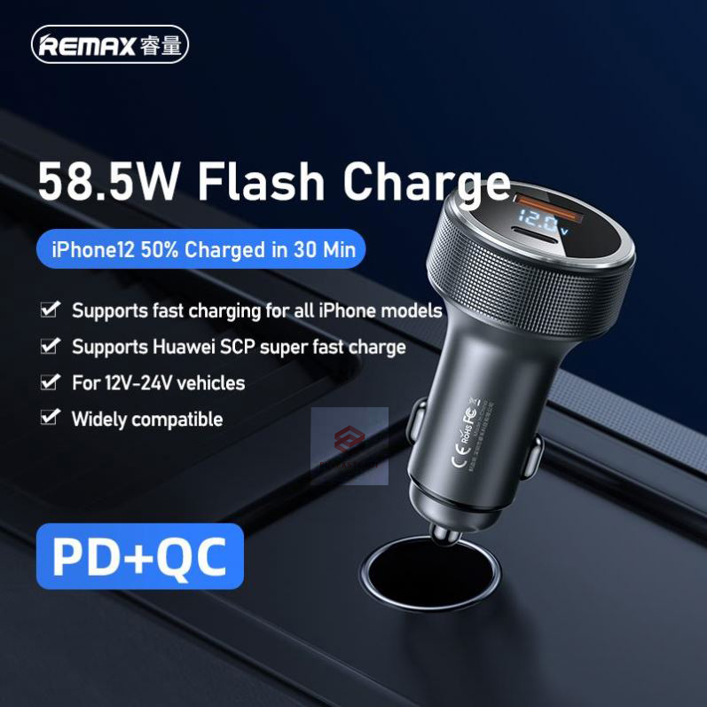 Tẩu củ sạc nhanh đa năng cho xe hơi / xe ô tô trang bị cổng Type-C PD và USB hiệu Remax trang bị đen LED hiển thị thông số sạc (Công suất 58.5W, sạc nhanh PD) - Hàng chính hãng