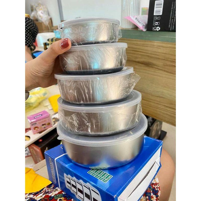 Bộ 5 bát inox đựng thức ăn trong tủ lạnh kèm nắp đậy