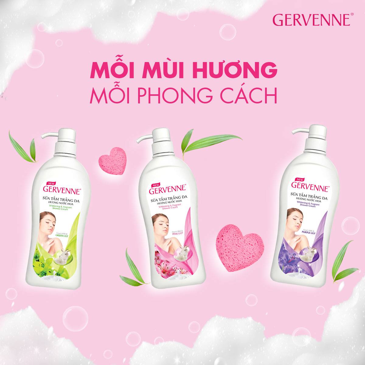 Combo 2 Sữa tắm Trắng da Hương nước hoa Gervenne Green Lily (900g/chai)