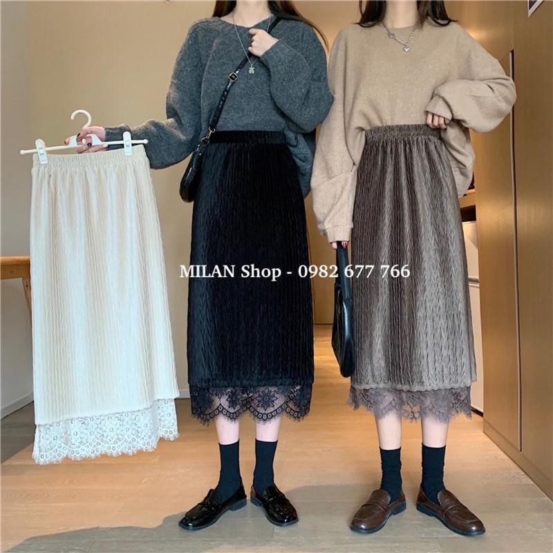 Chân váy nhung phối ren mặc được 2 mặt