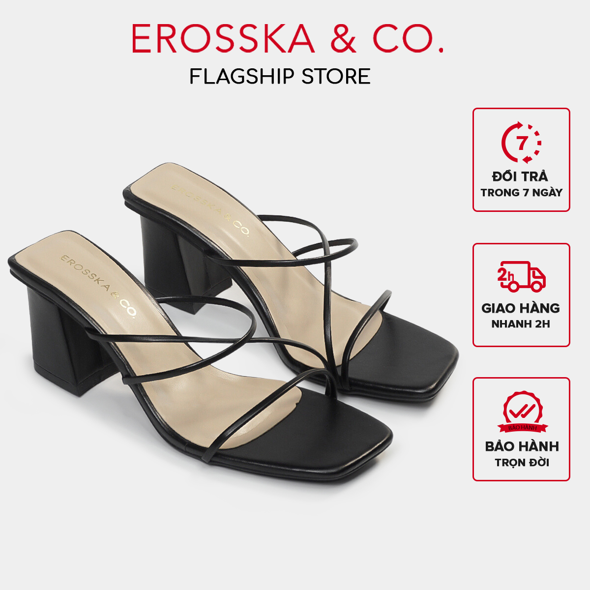 Dép cao gót Erosska mũi vuông phối dây kiểu dáng Hàn Quốc cao 7cm EM074