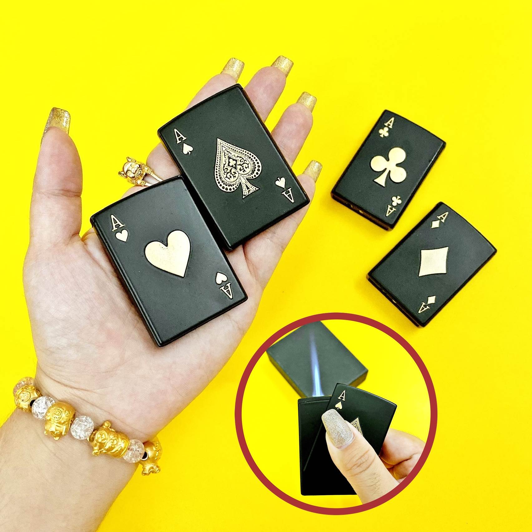 Hột quẹt bật lửa khè lá bài hình nổi ánh kim kim loại nguyên khối - xài gas