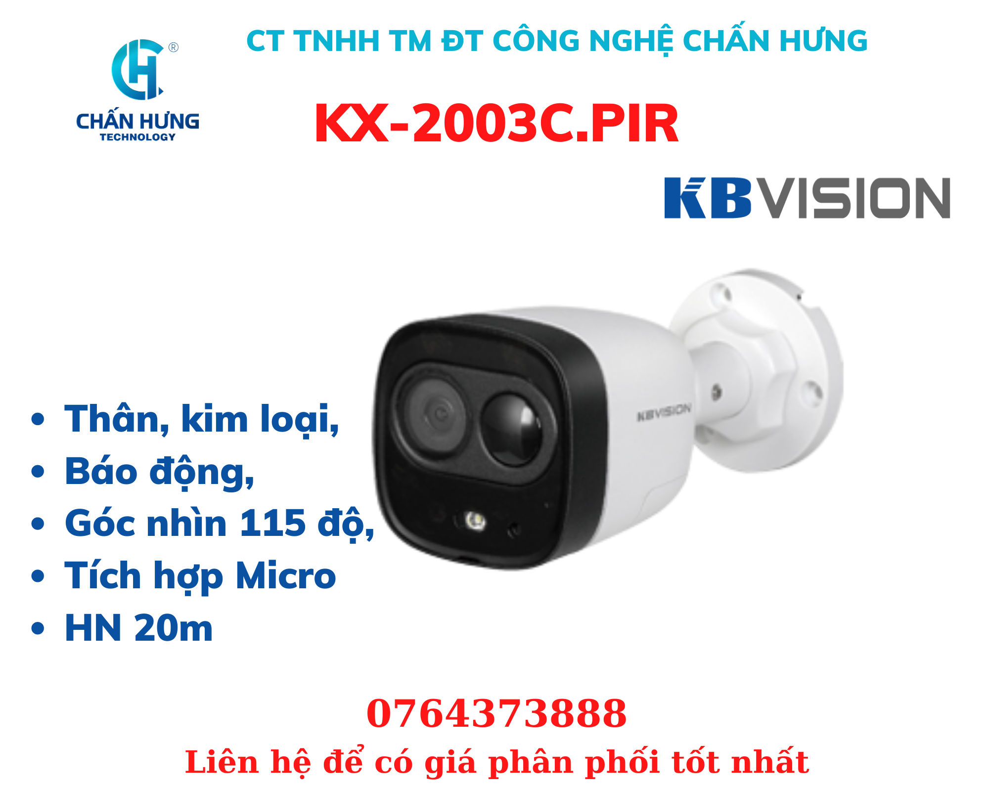 Camera KBVISION KX-2003C.PIR HDCVI hồng ngoại 2.0 Megapixel - Hàng chính hãng