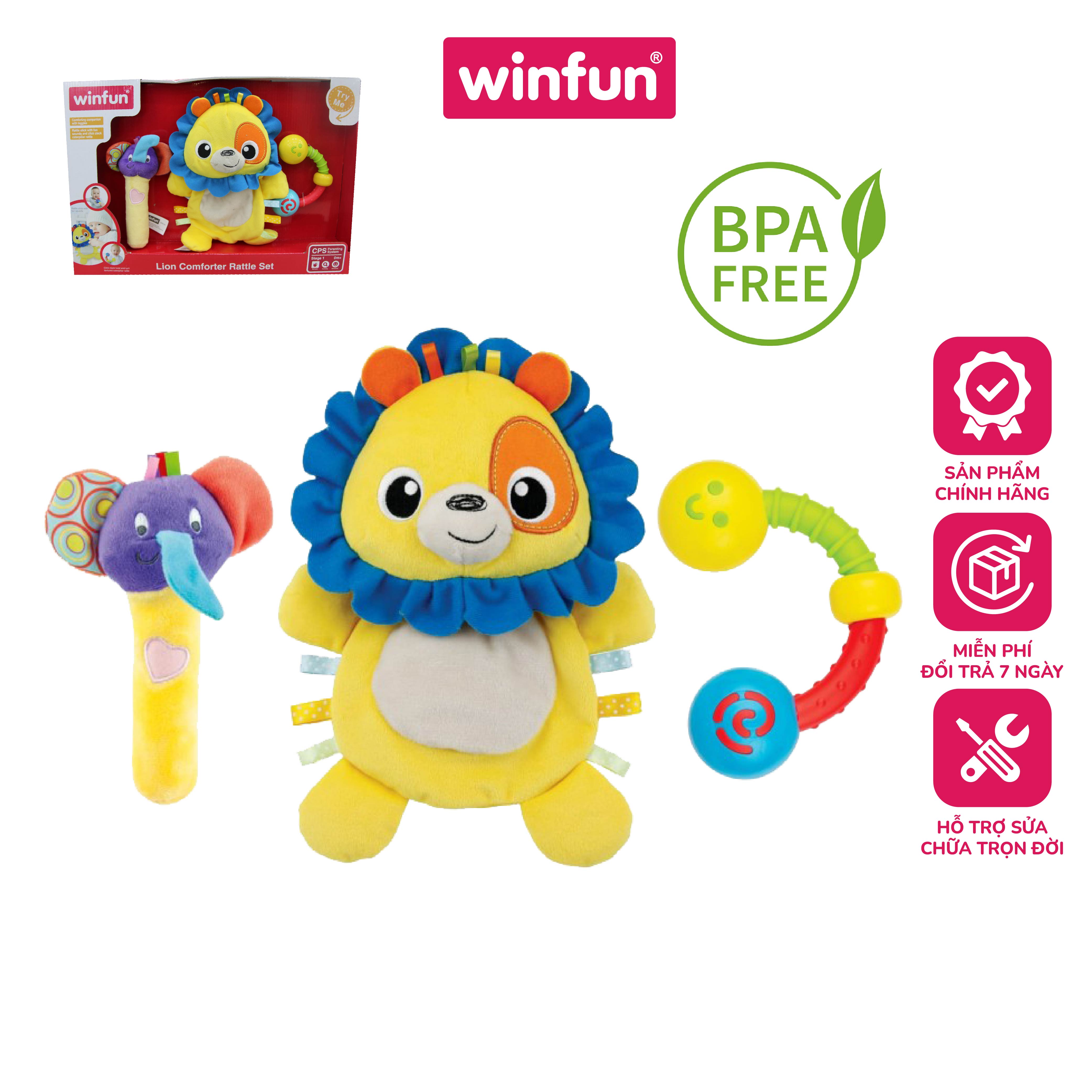 Set 3 đồ chơi cầm tay xúc xắc chíp chíp, thú bông sột soạt hình sư tử Winfun 3028