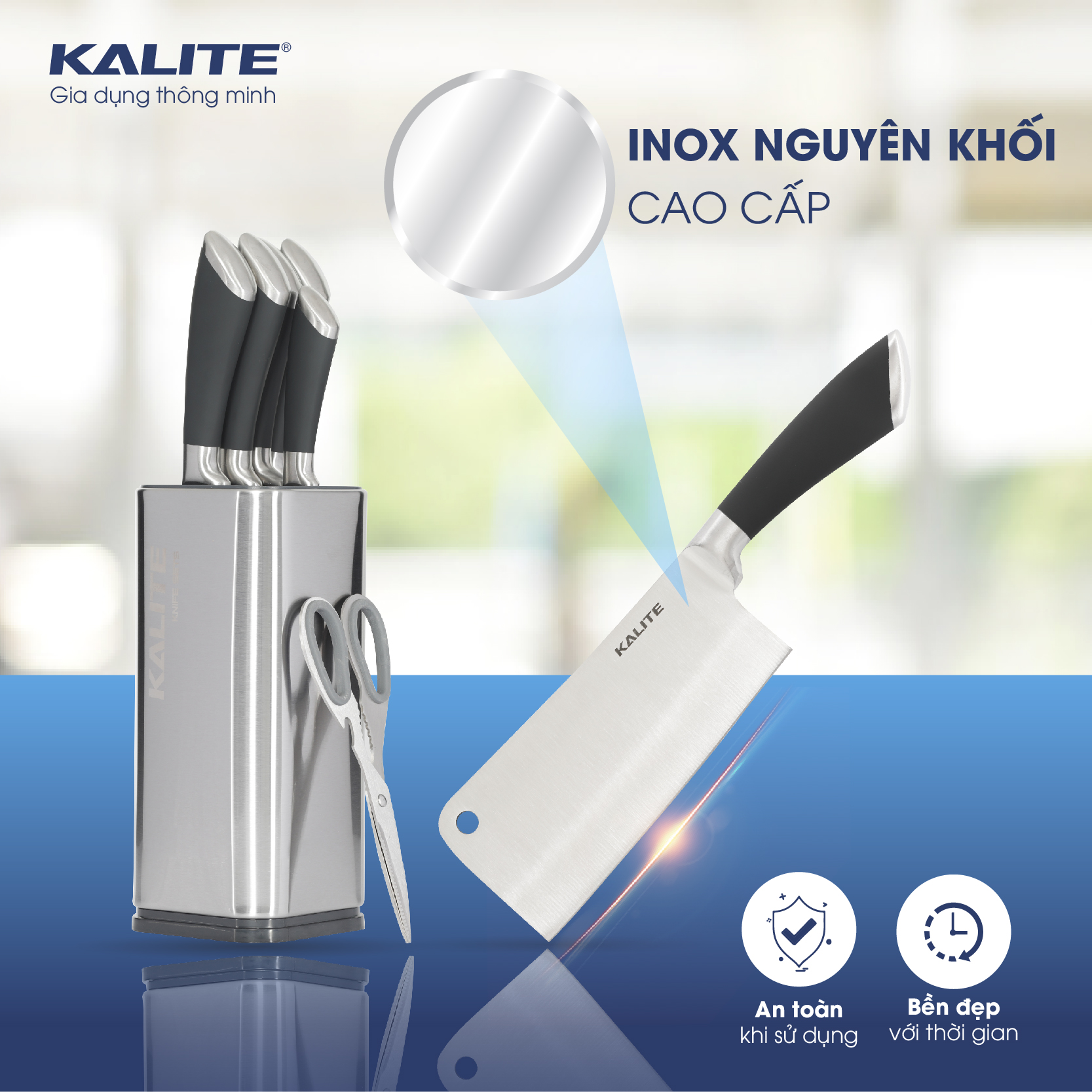 Bộ dao kéo inox 7 món Kalite KL 191, gồm 5 dao 1 kéo và ống cắm dao, hàng chính hãng