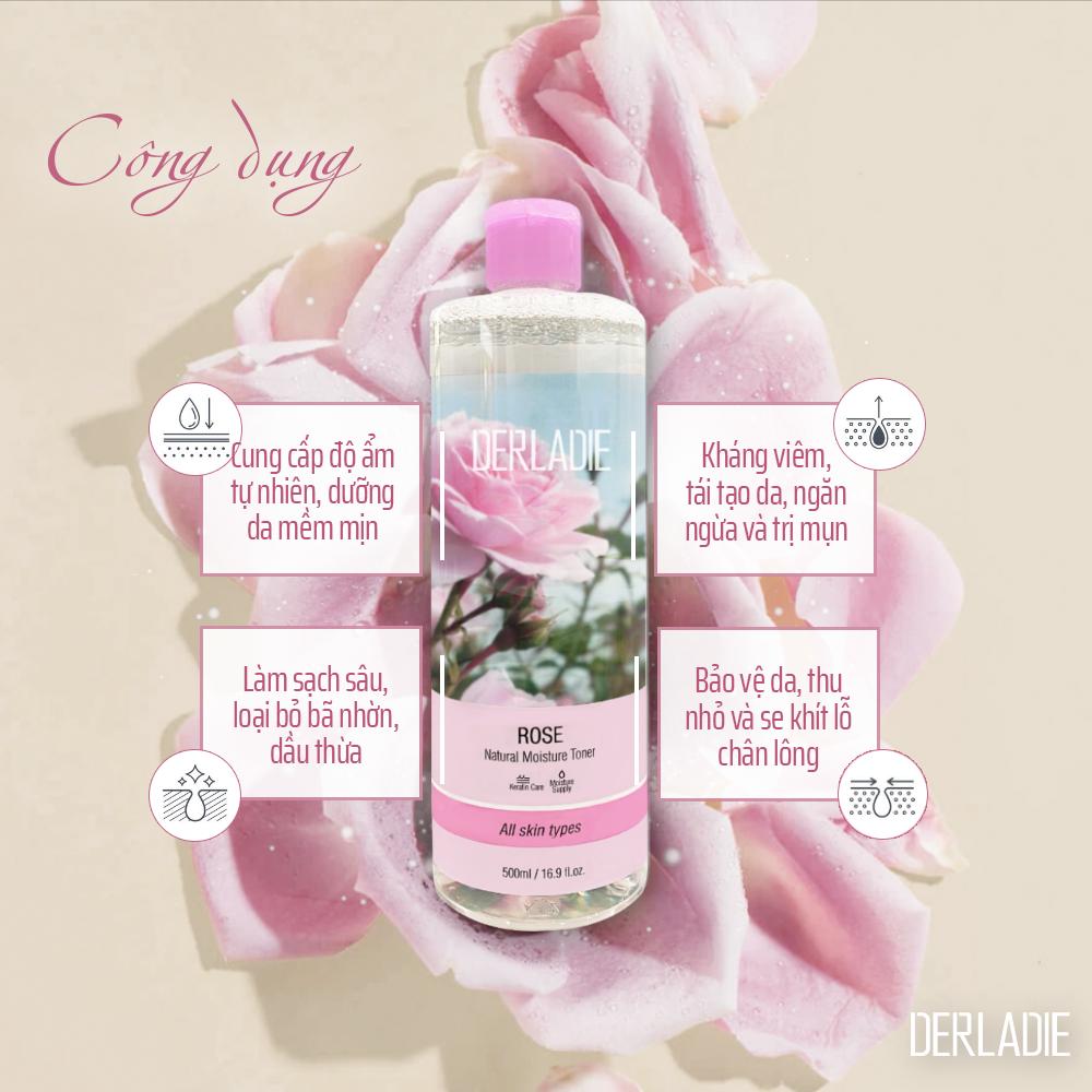 Nước hoa hồng cấp ẩm, phục hồi và se khít da Derladie Rose Natural Moisture Toner 500ml + Tặng Kèm 1 Băng Đô Tai Mèo Xinh Xắn ( Màu Ngẫu Nhiên)