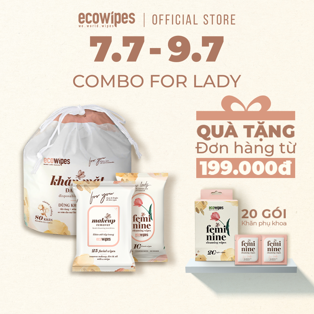 Combo for lady gồm khăn ướt tẩy trang + khăn ướt phụ khoa + Khăn mặt khô đa năng tiện lợi