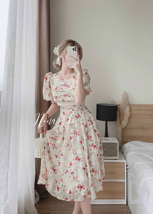 Đầm Maxi Voan Hoa 2 Lớp Tay Phồng Xếp Ly Ngực Thời Trang
