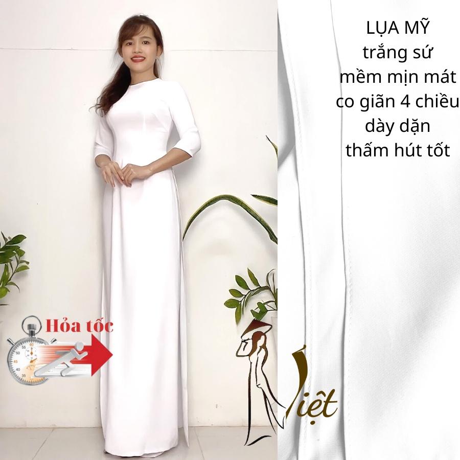 Áo dài trắng cổ trong tay lỡ truyền thống may sẵn lụa mỹ cao cấp