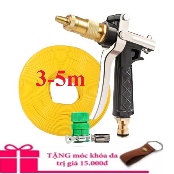 Bộ dây vòi xịt nước rửa xe, tưới cây .tăng áp 3 lần,loại 3m, 5m 206236 đầu đồng,đai,nối nhựa vàng+ tặng móc khoá