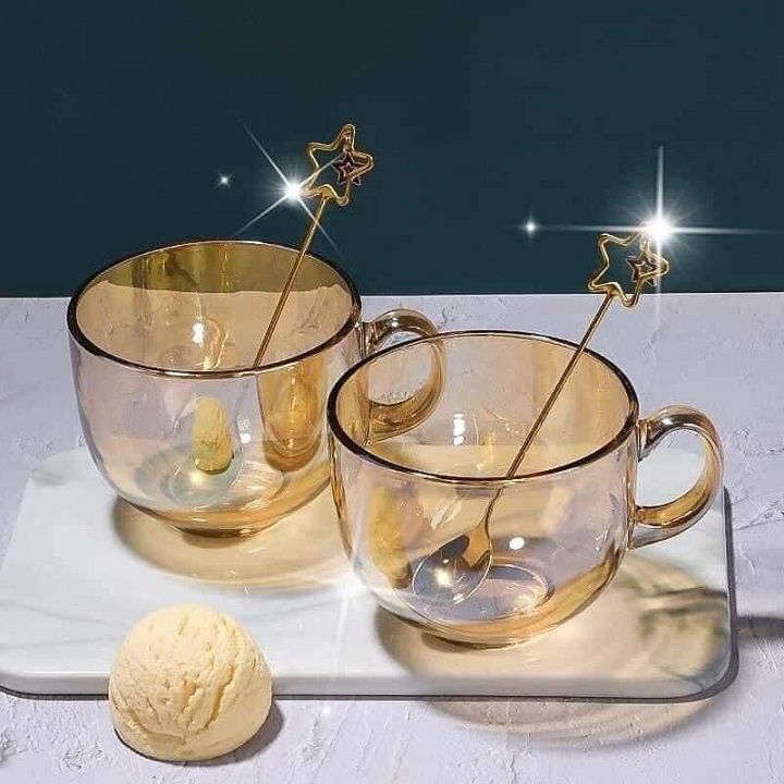 Combo 2 Cốc thủy tinh màu hổ phách 480 ml chịu nhiệt cao cấp có tay cầm