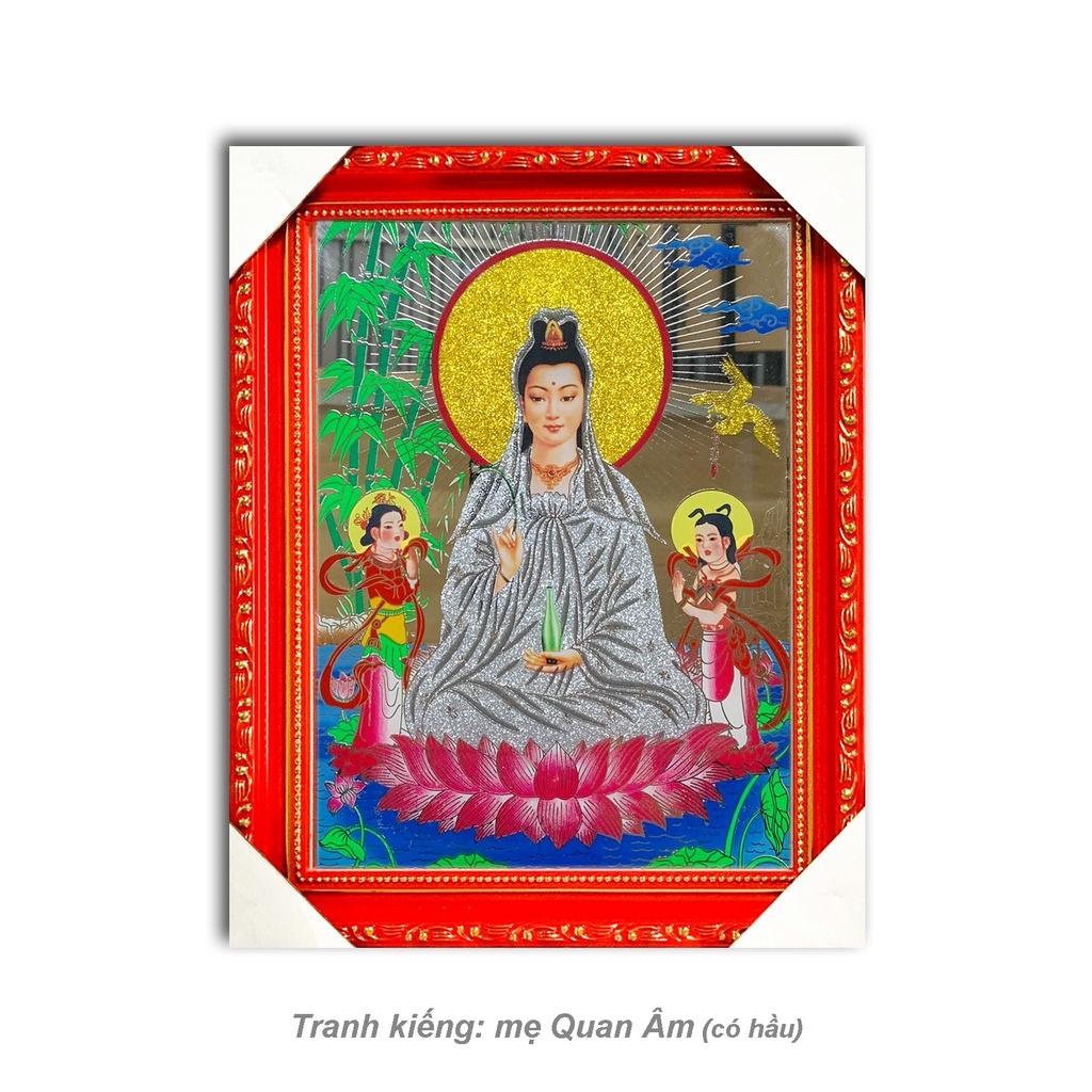 Tranh Kiếng Quan Âm ngồi đài sen - có hầu và không hầu - Nền Gương - Tranh kiếng chạm - Độ mệnh - Khung gỗ và khung xi các loại