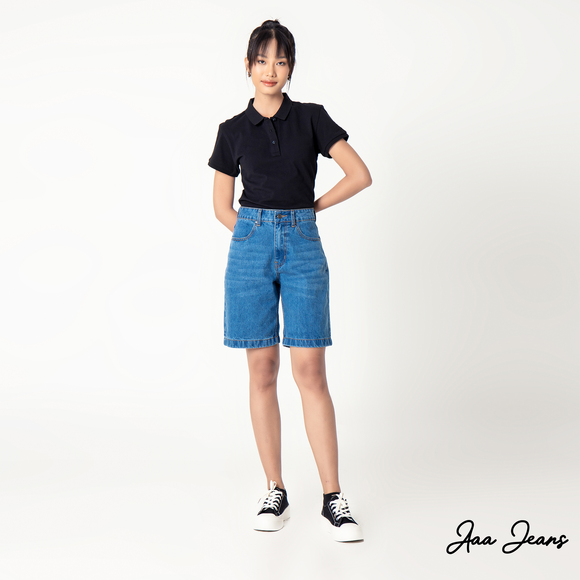 Quần short jean nữ lưng cao ngang gối Aaa Jeans Medium Blue