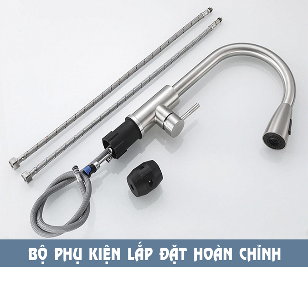 Vòi Rửa Bát Chén Rút Dây ABG Inox, Hai Chế Độ Xả Nóng- Lạnh, Rửa Chén Rút Dây, Nóng Lạnh, Kiểu Dáng Sang Trọng, Xoay 360 Độ, Tặng Kèm Hai Dây Cấp Nóng Lạnh - Hàng Chính Hãng