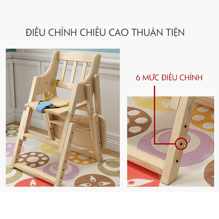 Ghế Ăn Dặm Cho Bé Từ 9 - 24 Tháng Tuổi Bằng Gỗ Có Thể Điều Chỉnh Độ Cao, Gấp Gọn Nhẹ Nhàng, Dễ Dàng Di Chuyển