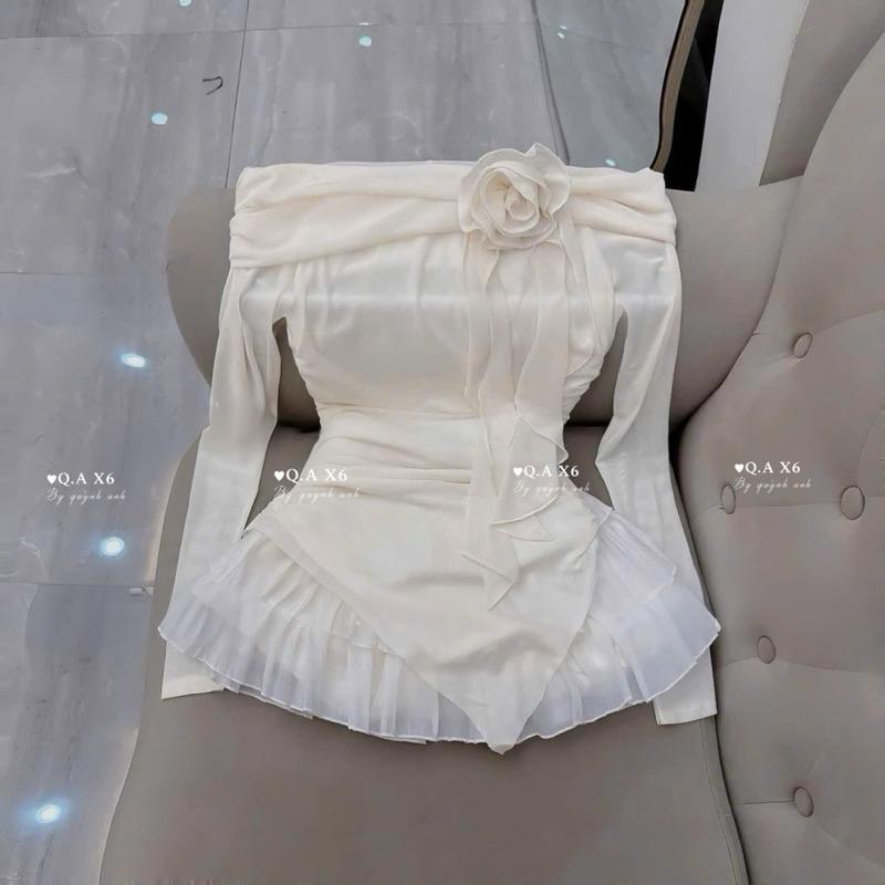 Set tiểu thư áo lưới nhúng trễ vai tà nhọn đính hoa kèm chân váy tơ tầng nhẹ nhàng hách dáng cho các nàng BY JOLIE - Hồng, Hồng