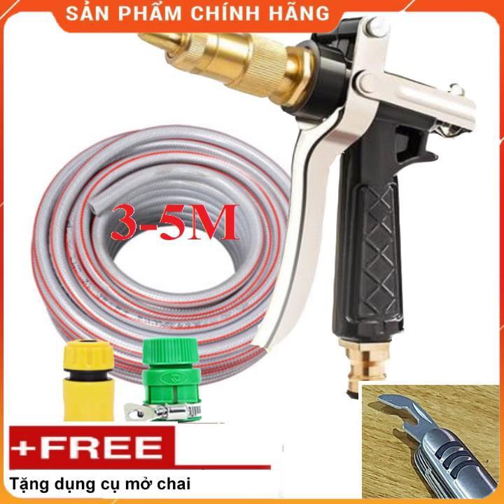 Bộ dây vòi xịt nước rửa xe, tưới cây , tăng áp 3 lần, loại 3m, 5m 206236 K đầu đồng,cút,nối vàng+ mở chai