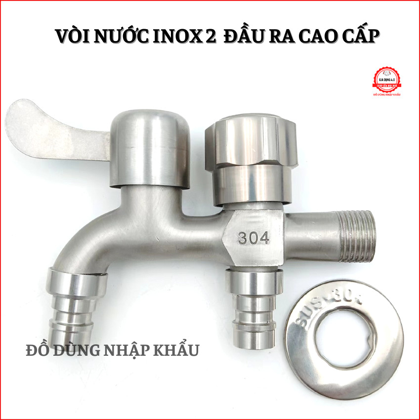 Vòi nước 2 đầu ra  tăng áp INOX 304 cao cấp