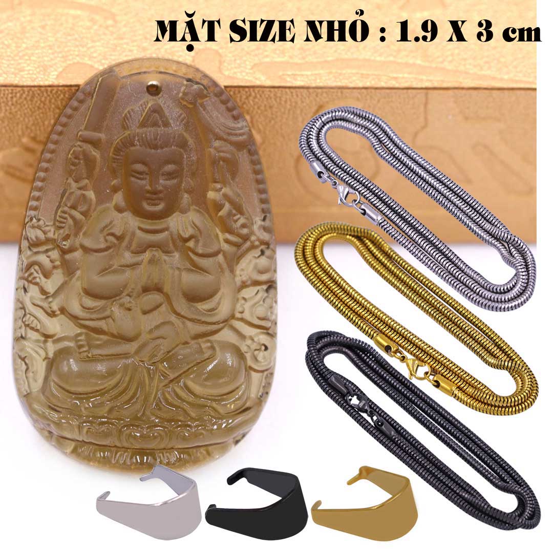 Mặt Phật Quan âm nghìn tay nghìn mắt đá obsidian  1.9cm x 3cm  kèm vòng cổ dây chuyền inox rắn vàng + móc inox vàng, Mặt Phật Quan âm