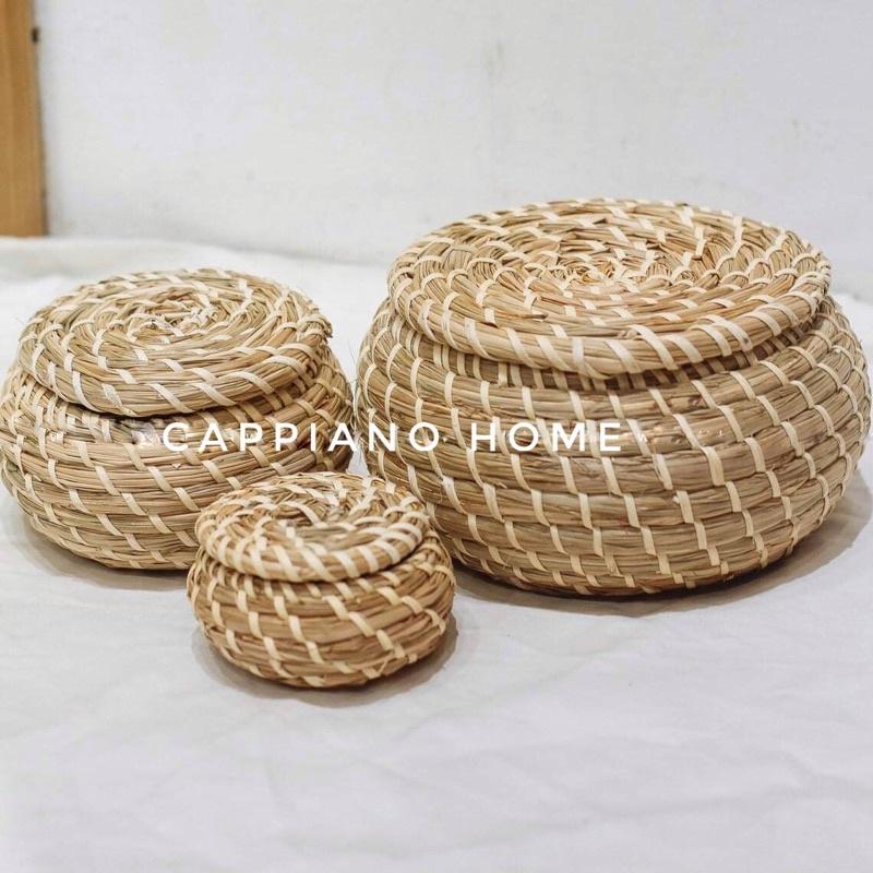 Bộ ba xiên cói tự nhiên, xiên âu tròn đựng đồ, xiên cói decor