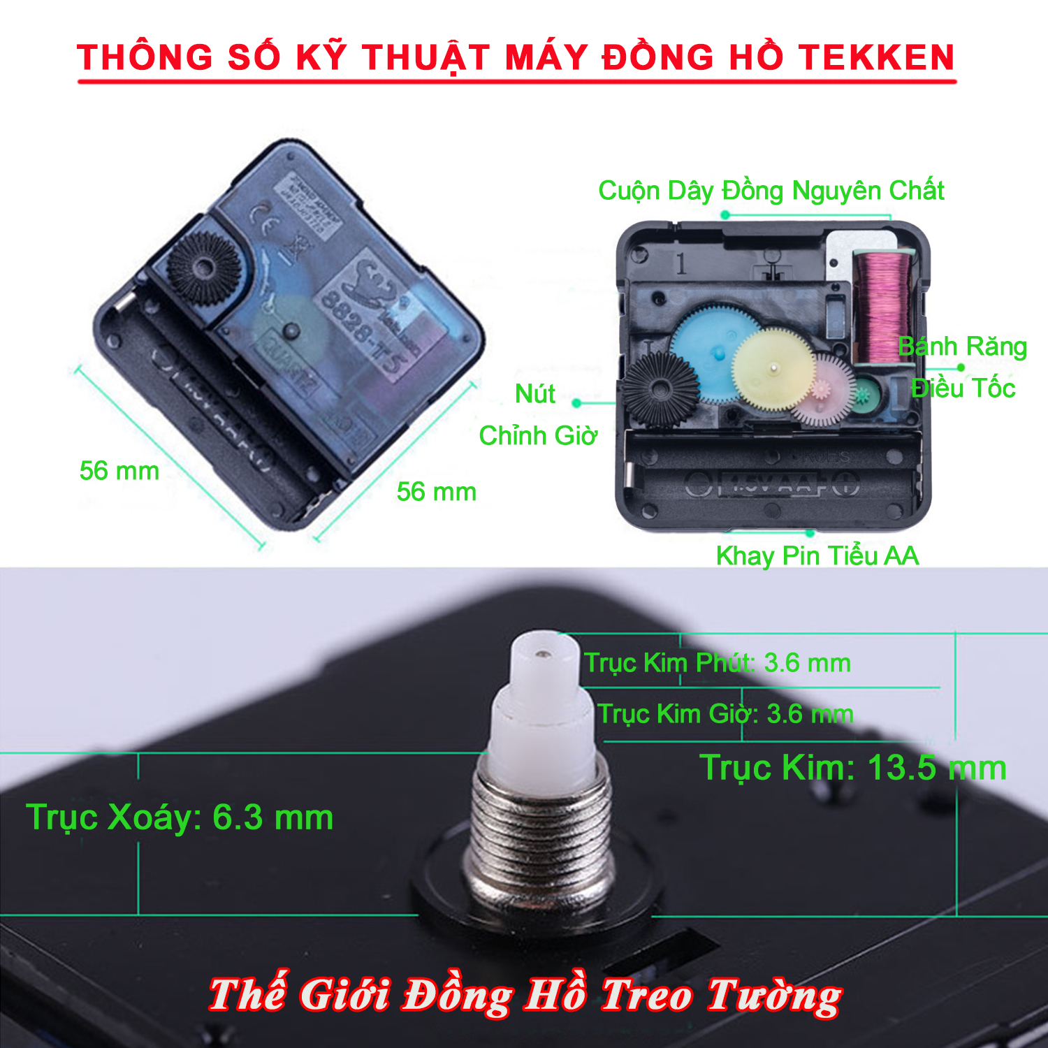 Máy Đồng Hồ Treo Tường Cao Cấp TEKKEN Kim Nhảy - Bộ Kim HOA VĂN hoặc KIM ĐẠI - Pin Tiểu AA Vỏ Nhôm - Bảo Hành 1 Năm