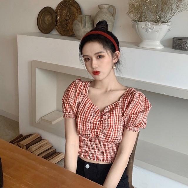 Áo croptop caro tay bồng nữ summer 2020