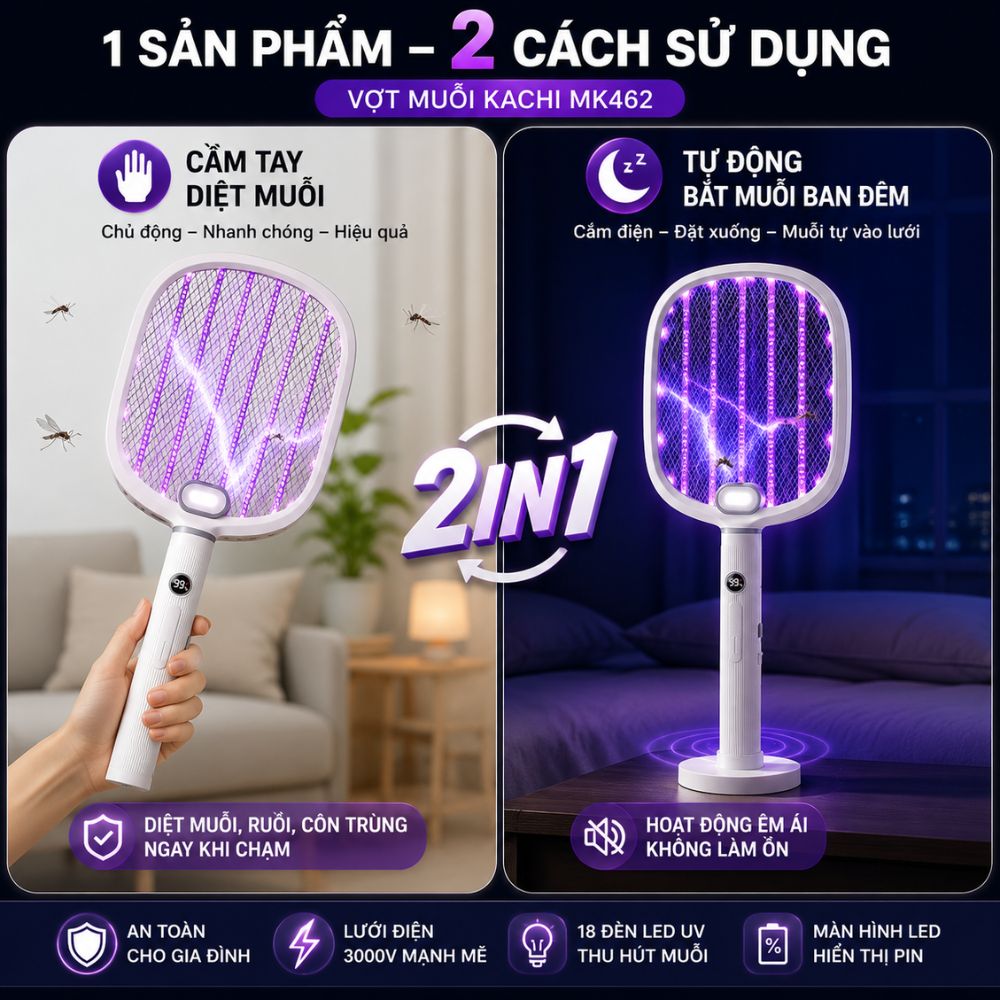 Vợt Bắt Muỗi Tự Động Kachi MK462 – Tích Hợp Đèn Bắt Muỗi, Màn Hình LED Thông Minh - hàng chính hãng