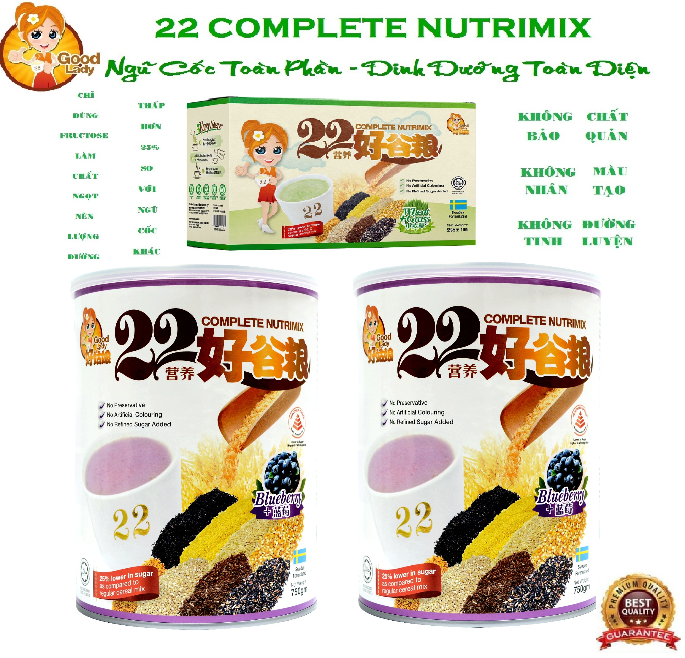Combo 2 hộp bột ngũ cốc dinh dưỡng cao cấp 22 Complete Nutrimix - Blueberry 750g hộp + Tặng 1 hộp Wheat Grass 250g