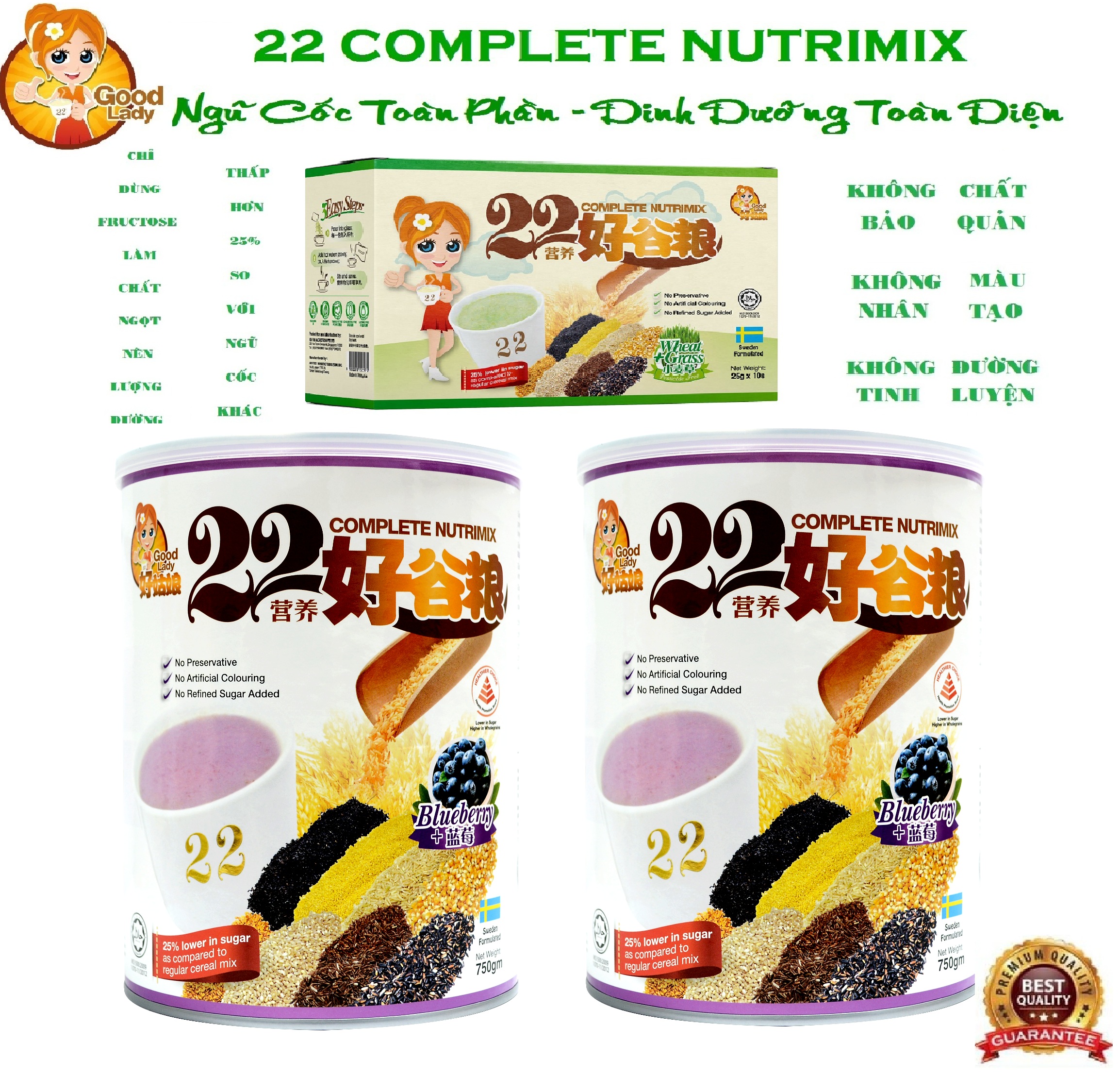 Combo 2 hộp bột ngũ cốc dinh dưỡng cao cấp 22 Complete Nutrimix - Blueberry ( vị Việt Quất) 750g hộp + Tặng 1 hộp Wheat Grass (Mầm lúa mì) 250g