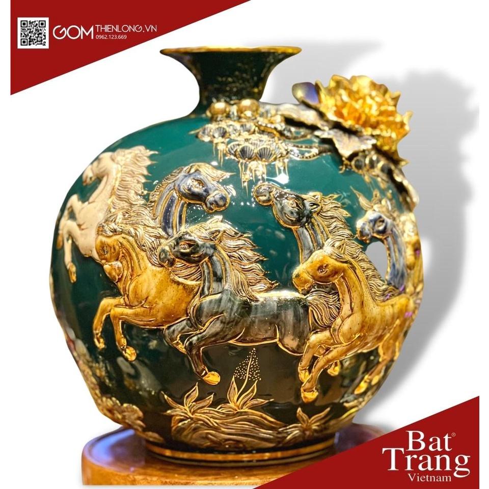 Bình Hút Lộc Mã Đáo Thành Công Màu Xanh Lục - Vẽ Vàng Đắp Nổi Hàng Kỹ -Bình Tài Lộc Bát Tràng -Gốm Thiên Long