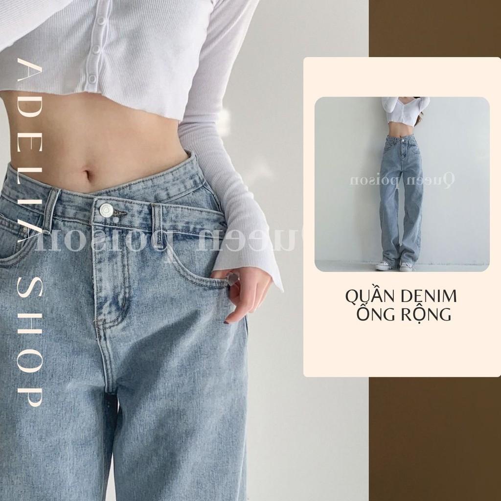 Quần bò nữ dáng dài eo cao cạp chéo eo độc đáo, Quần jeans nữ ulzzang dáng suông phong cách Hàn Quốc