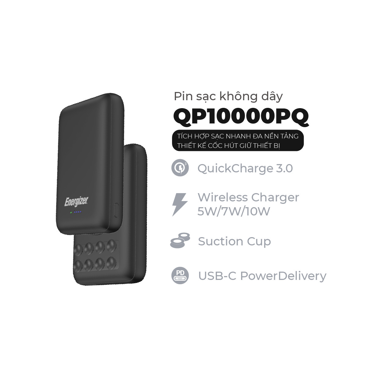 Pin dự phòng Energizer QP10000PQBK 10,000mAh - Tích hợp sạc nhanh đa nền tảng, sạc không dây - Thiết kế cốc hút giữ thiết bị - HÀNG CHÍNH HÃNG