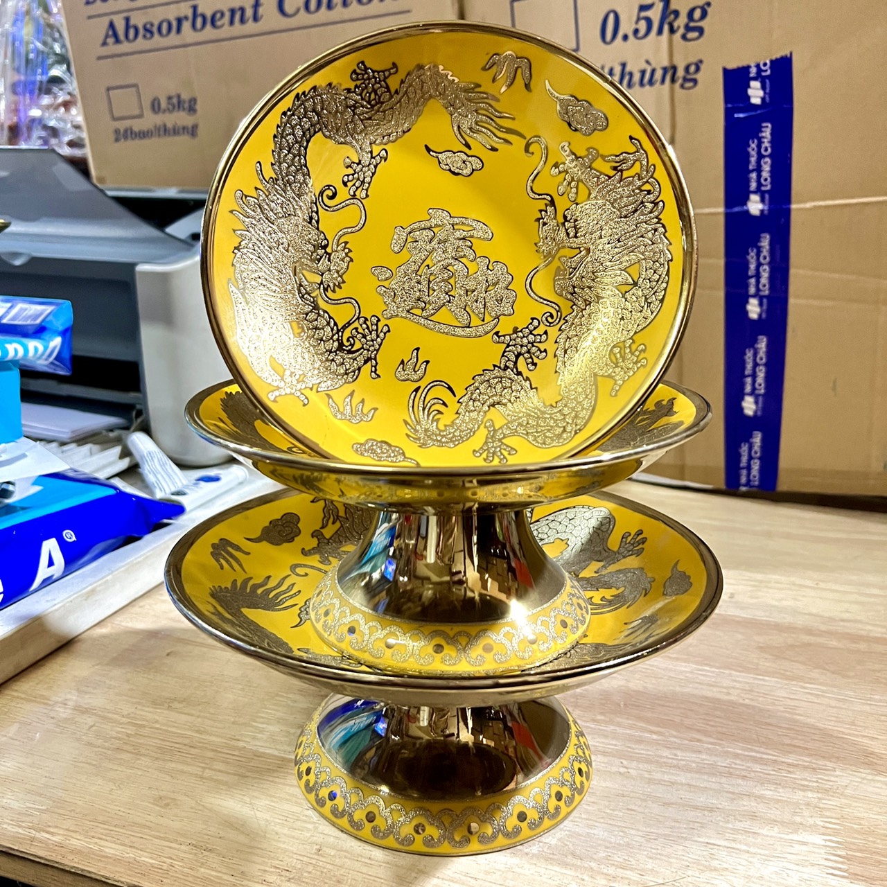 Dĩa sứ đựng trái cây thờ cúng vàng 3D 4 cỡ