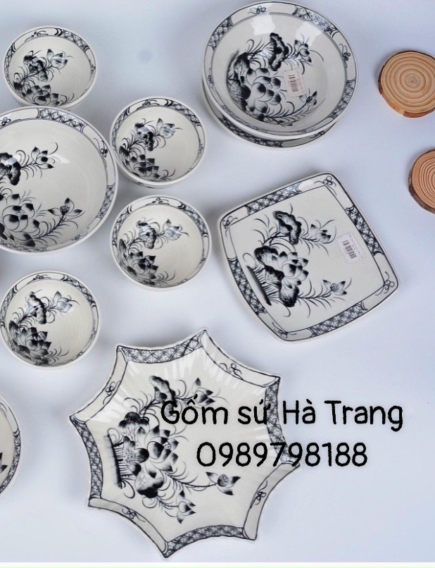 Bộ bát đĩa gốm sứ Bát Tràng cao cấp vẽ hoạ tiết sen đen chàm xuất dư SĐ001