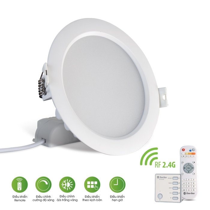 Combo 4 đèn downlight âm trần chiếu sáng thông minh điều khiển từ xa, chính hãng Rạng Đông, Model AT16L, điều chỉnh độ sáng, đổi màu ánh sáng 2700K - 6500K, cài đặt sẵn 4 kịch bản chiếu sáng