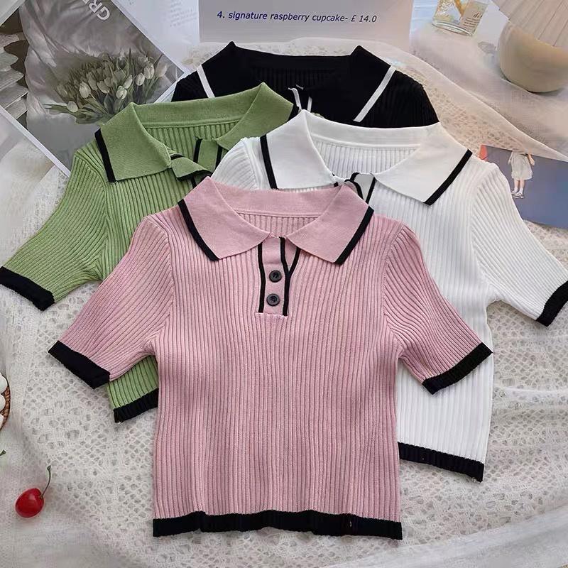 Áo polo croptop kiểu len gân nữ tay ngắn dáng ôm body cổ bẻ dệt kim thời trang phong cách Hàn Quốc trẻ trung