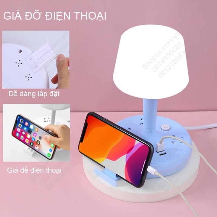 Đèn ngủ để bàn kiêm ổ cắm điện kéo dài 1.8m, cổng sạc USB 2A và giá đỡ điện thoại, có 3 cấp điện sáng