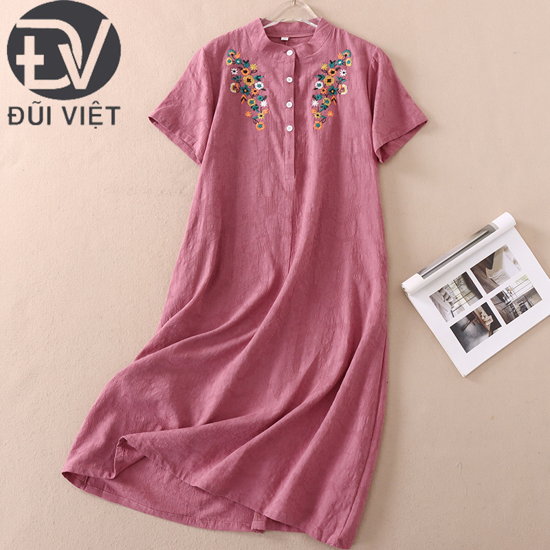 Đầm linen suông cổ tàu thêu hoa, Váy đầm nữ Linen thiết kế dáng dài Đũi Việt Dv176