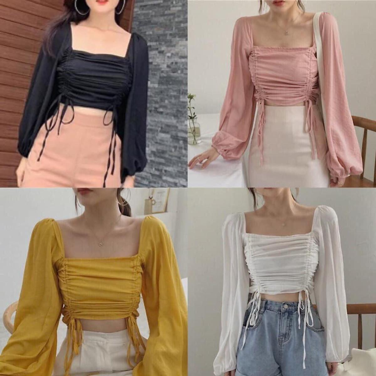 ÁO BẸT VAI CROPTOP RÚT NGỰC TRƠN BASIC - ÁO KIỂU CRT ULZANG HOT GIRL