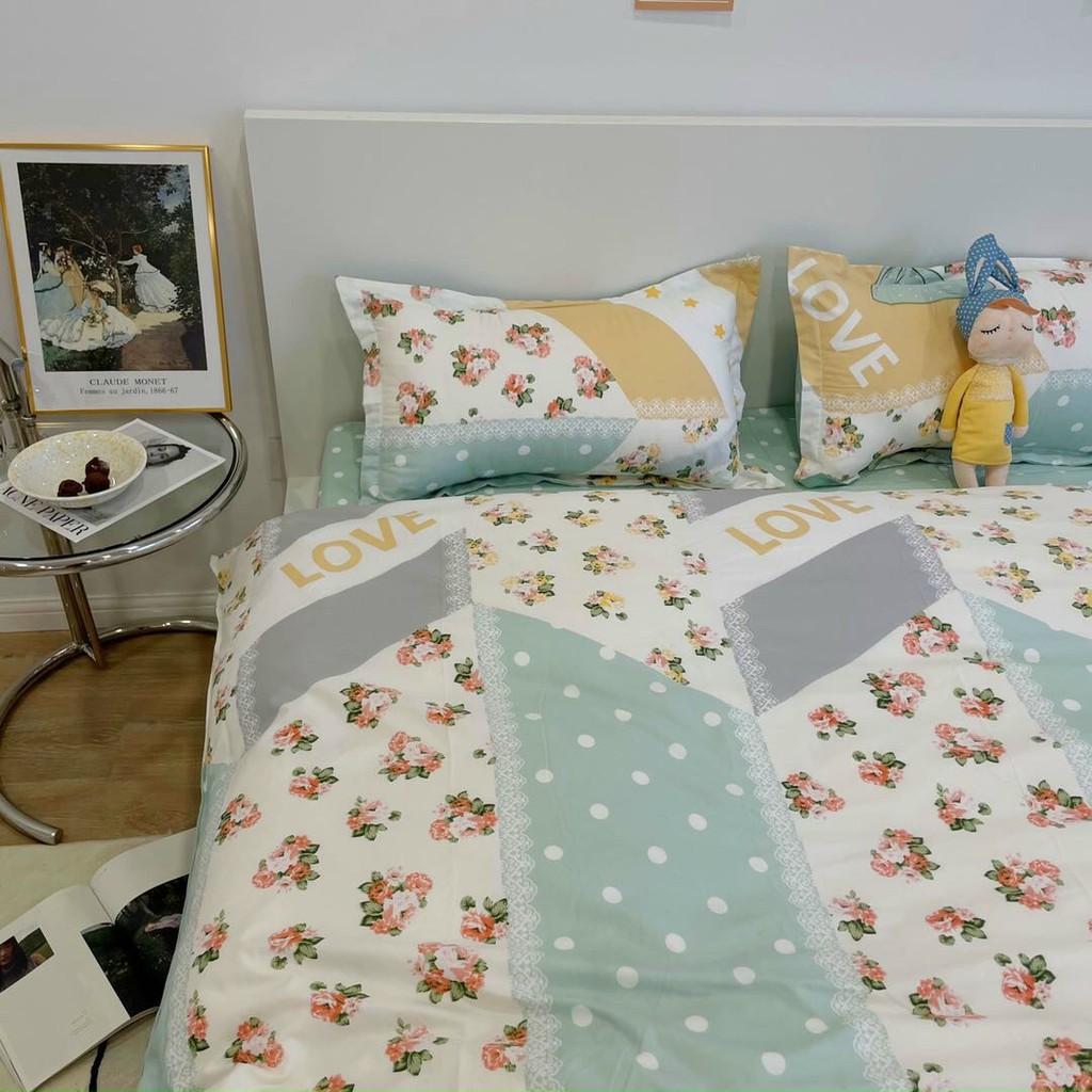 Bộ chăn ga gối Cotton Poly M2T bedding cánh hoa xanh, vỏ chăn mền, drap giường và 2 vỏ gối